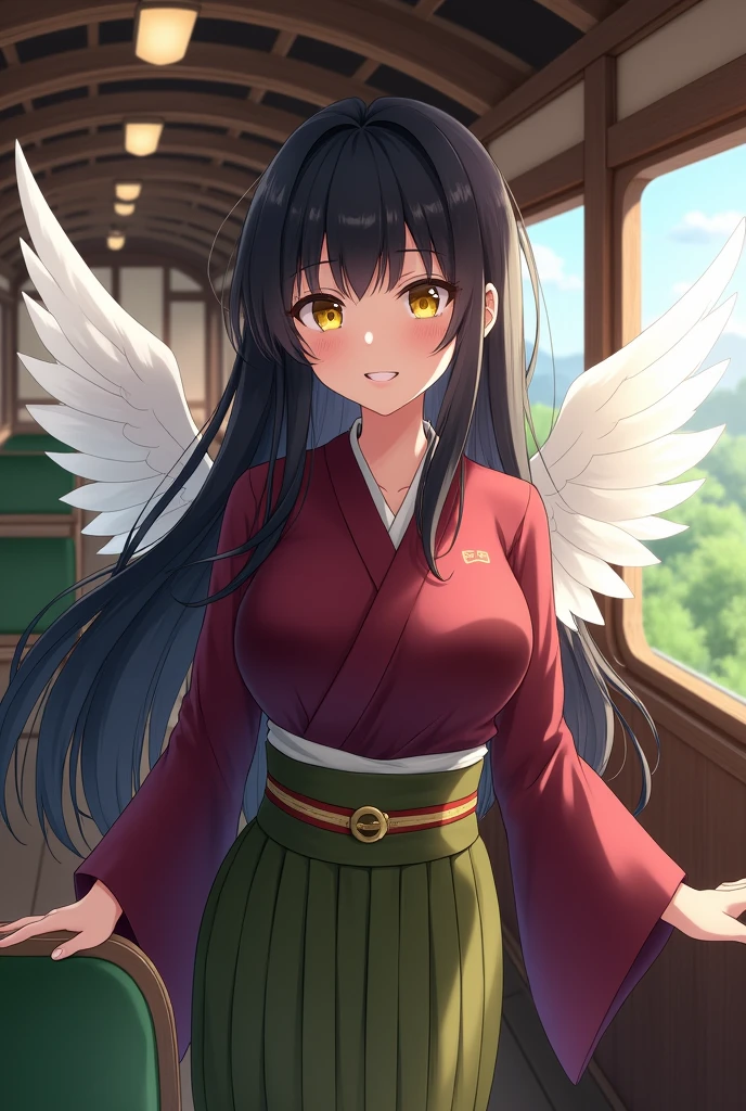 Anime, Japanese, kimono, yellow eyes, black hair, translucent white wings behind, maroon clothes, olive green hakama, female, large breasts "Long Hair" "Landscape"Olive green seats on the train Wooden walls Smiling