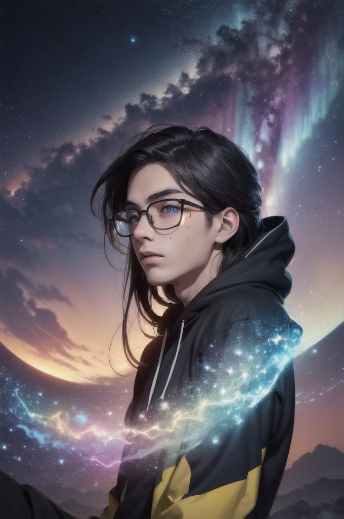 masterpiece, best quality, (absurdres, highres, ultra detailed), (absurdres, best quality:1.3, dark shot, extremely detailed), (masterpiece portrait of a girl, from side, upper body, looking up, blue eyes, natural skin texture, long dark hair, straight hair, floating hair, oversized hoodie, hood down), beautiful galaxy lighting up the sky, amazing background filled with cosmic swirls, (style-swirlmagic:1.2, style swirling cosmo magic:1.2, magical, magical swirls:1.1), (hyperrealistic, sharp), (vibrant colors),"Envision an expansive astral plane, glowing with soft luminescence in shades of starry yellows and reds, stretching endlessly upward. Central to this celestial scape is a mysterious young man, standing in harmony with the cosmos, gazing directly at you. He is 18 years old, with fair skin, dark brown eyes, and black hair combed to the left side, slightly spiky. He wears a white t-shirt and slightly rectangular glasses that reveal the vibrant, colorful universe behind him. A small mole is visible on his cheek, adding a touch of realism to his mystical presence. The lower half of the scene transitions into a dark, vaporous essence that drifts behind him like a comet's tail, merging with the astral hues. The portrait captures the magnificent presence of this young Brazilian man from Santa Catarina, embodying both the surreal and the mystical in complete harmony with the universe."