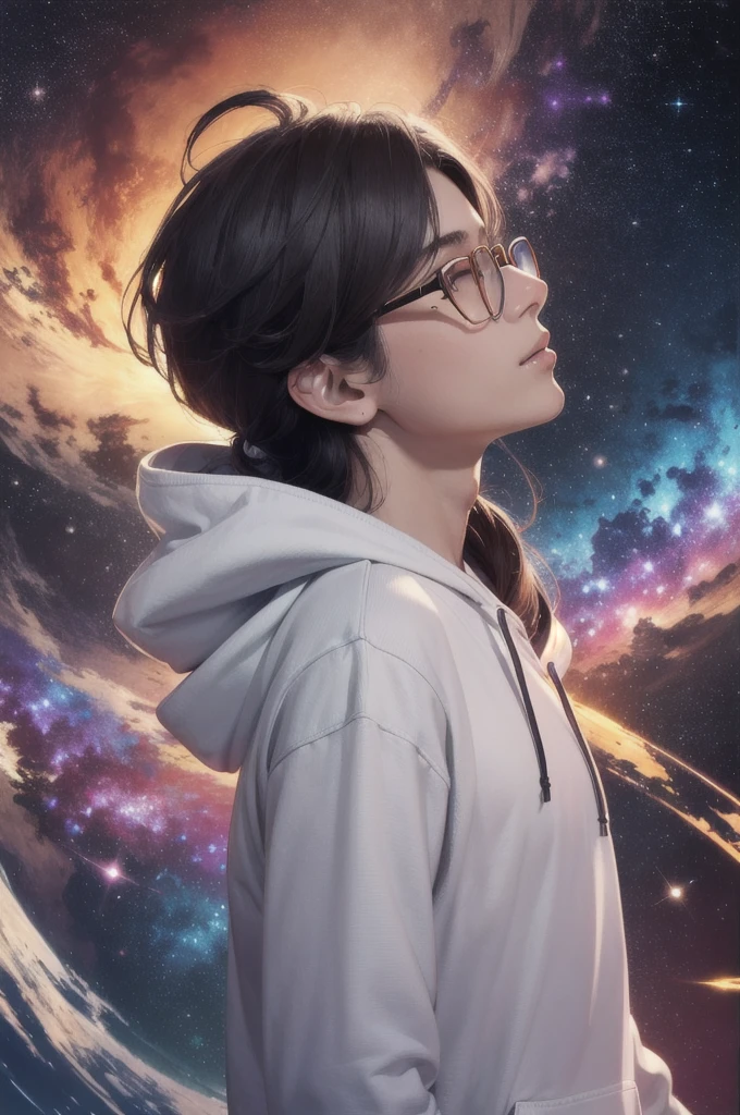 masterpiece, best quality, (absurdres, highres, ultra detailed), (absurdres, best quality:1.3, dark shot, extremely detailed), (masterpiece portrait of a girl, from side, upper body, looking up, blue eyes, natural skin texture, long dark hair, straight hair, floating hair, oversized hoodie, hood down), beautiful galaxy lighting up the sky, amazing background filled with cosmic swirls, (style-swirlmagic:1.2, style swirling cosmo magic:1.2, magical, magical swirls:1.1), (hyperrealistic, sharp), (vibrant colors),"Envision an expansive astral plane, glowing with soft luminescence in shades of starry yellows and reds, stretching endlessly upward. Central to this celestial scape is a mysterious young man, standing in harmony with the cosmos, gazing directly at you. He is 18 years old, with fair skin, dark brown eyes, and black hair combed to the left side, slightly spiky. He wears a white t-shirt and slightly rectangular glasses that reveal the vibrant, colorful universe behind him. A small mole is visible on his cheek, adding a touch of realism to his mystical presence. The lower half of the scene transitions into a dark, vaporous essence that drifts behind him like a comet's tail, merging with the astral hues. The portrait captures the magnificent presence of this young Brazilian man from Santa Catarina, embodying both the surreal and the mystical in complete harmony with the universe."