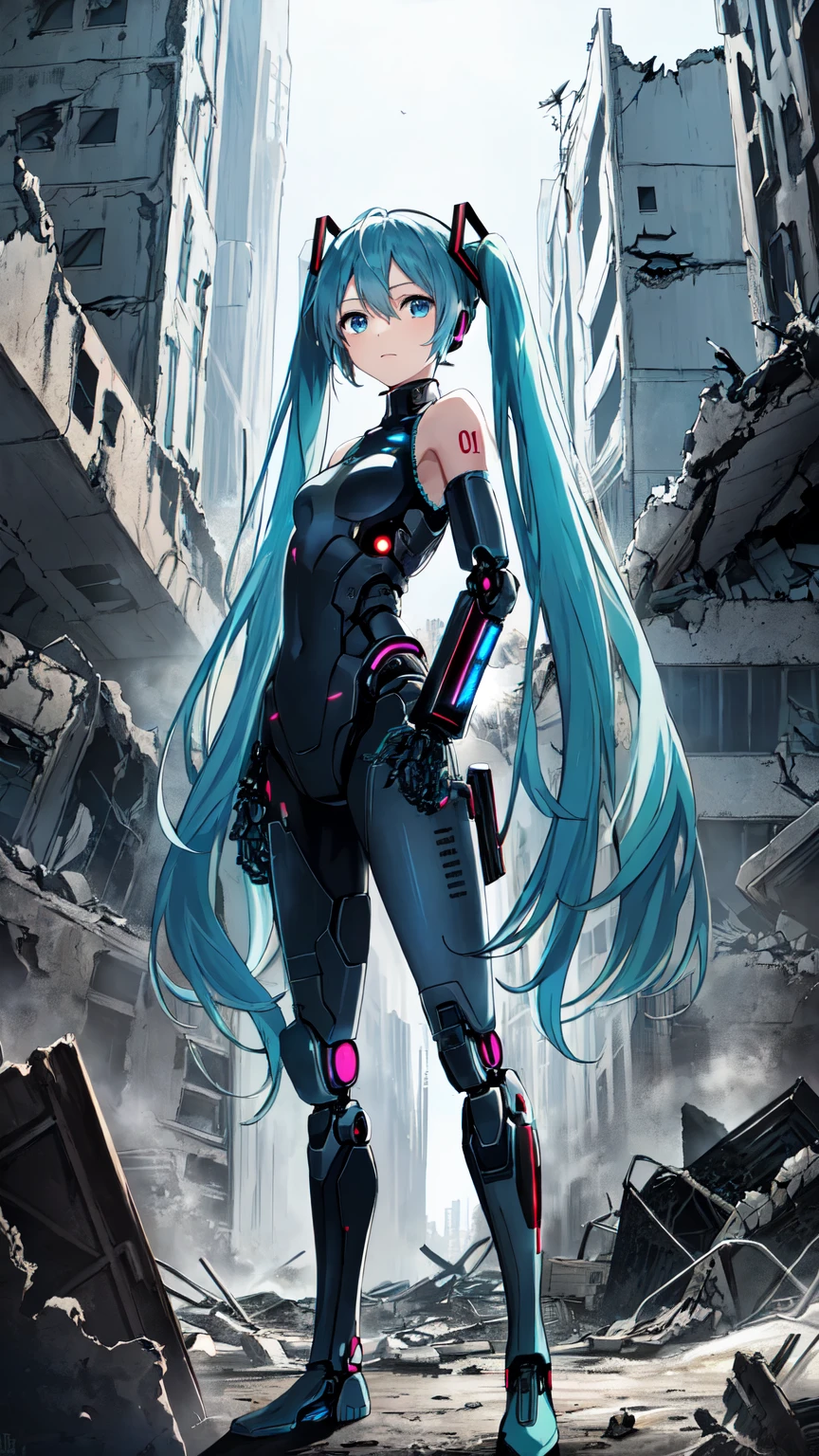Hatsune Miku VOCALOID、Twin tails、Light blue hair、Bright Blue Eyes、Highly sophisticated cyborg, Arms folded in front of the destroyed city, Bionic body with futuristic details. (A highly sophisticated cyborg with his arms folded in front of a destroyed city, Bionic body with futuristic details.)