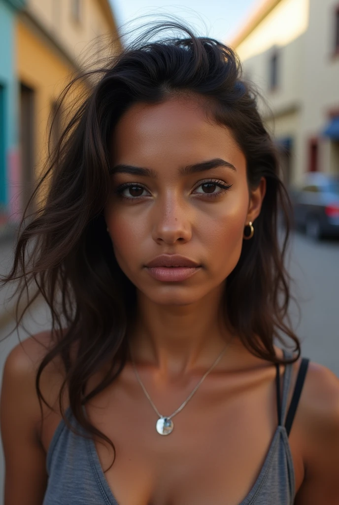 Create a realistic 4k style scene of a beautiful 30 year old woman, looking forward, a serious but elegant face, tanned brown skin color, oval face shape, slightly with dark circles and slightly drooping upper eyelid, Wide nose, punta de la nariz slightly drooping, Slightly marked nasolabial folds, thick lips like a black woman, corner of the mouth ,slightly drooping, extremely small natural breasts, full body photo, height 167 cm tall, with casual clothes, street in the city of Quito Ecuador, (very detailed skin:1.2), 8k hd, DSLR, Soft lighting, high quality, film grain, Fujifilm XT3