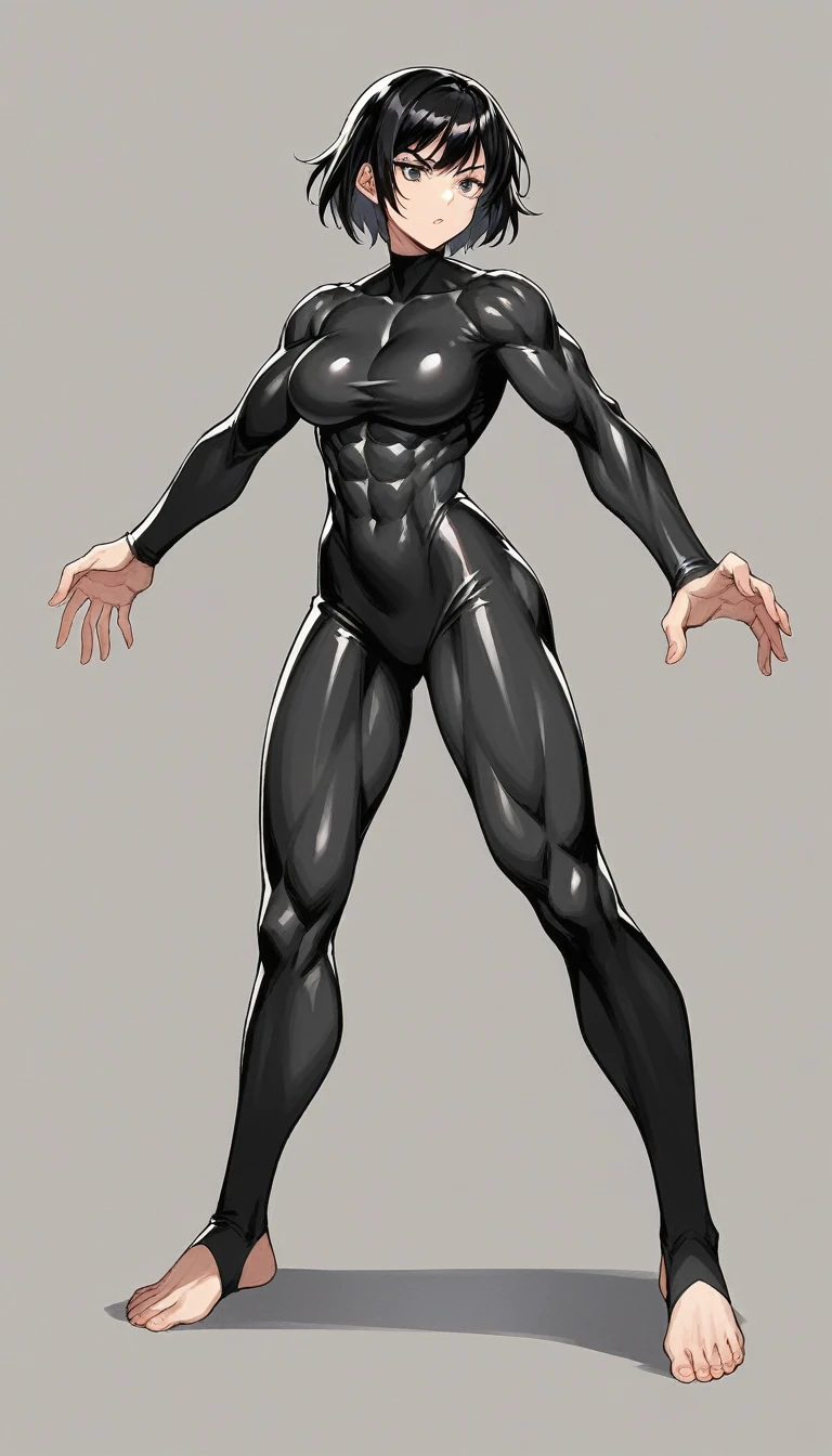 1girl, adult, perfect face, perfect eyes, perfect hands, intricate details, score_9, score_8_up, score_7_up, rating_safe, source_anime, sketch, shiny black hair, medium length hair, sharp eyes, large breast, muscular body, bare feet, spandex suit, full body design, traditional style, greyscale, open hands, unorthodox pose, fighting stance