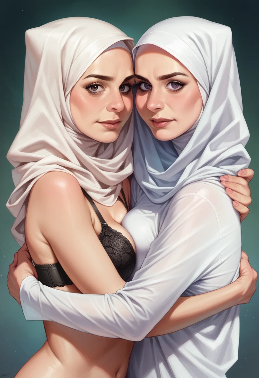 two hijab lesbian girl,lace bra,hugging,realistic,hd details,surreal