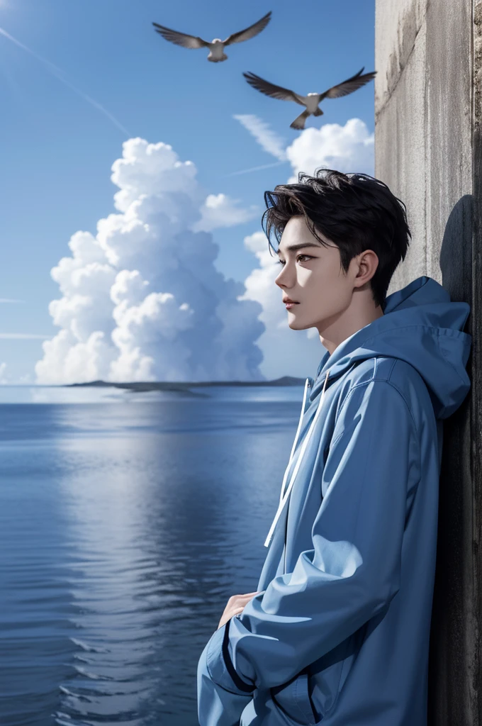 (absurdres, highres, ultra detailed), 1boy, handsome, very short hair, complex pattern, detailed face, best ratio four finger and one thumb, upper body, casual clothes, oversized hood, ocean background, many birds, blue sky full of extremely brilliant clouds, sparkling horizon, glittering debris