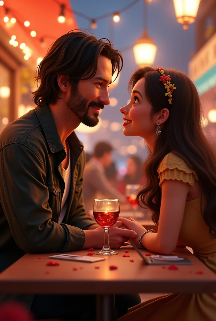 keanu reeves and Jennifer syme on a date, pixar style, cinematic, masterpiece, high-aesthetic, realistic