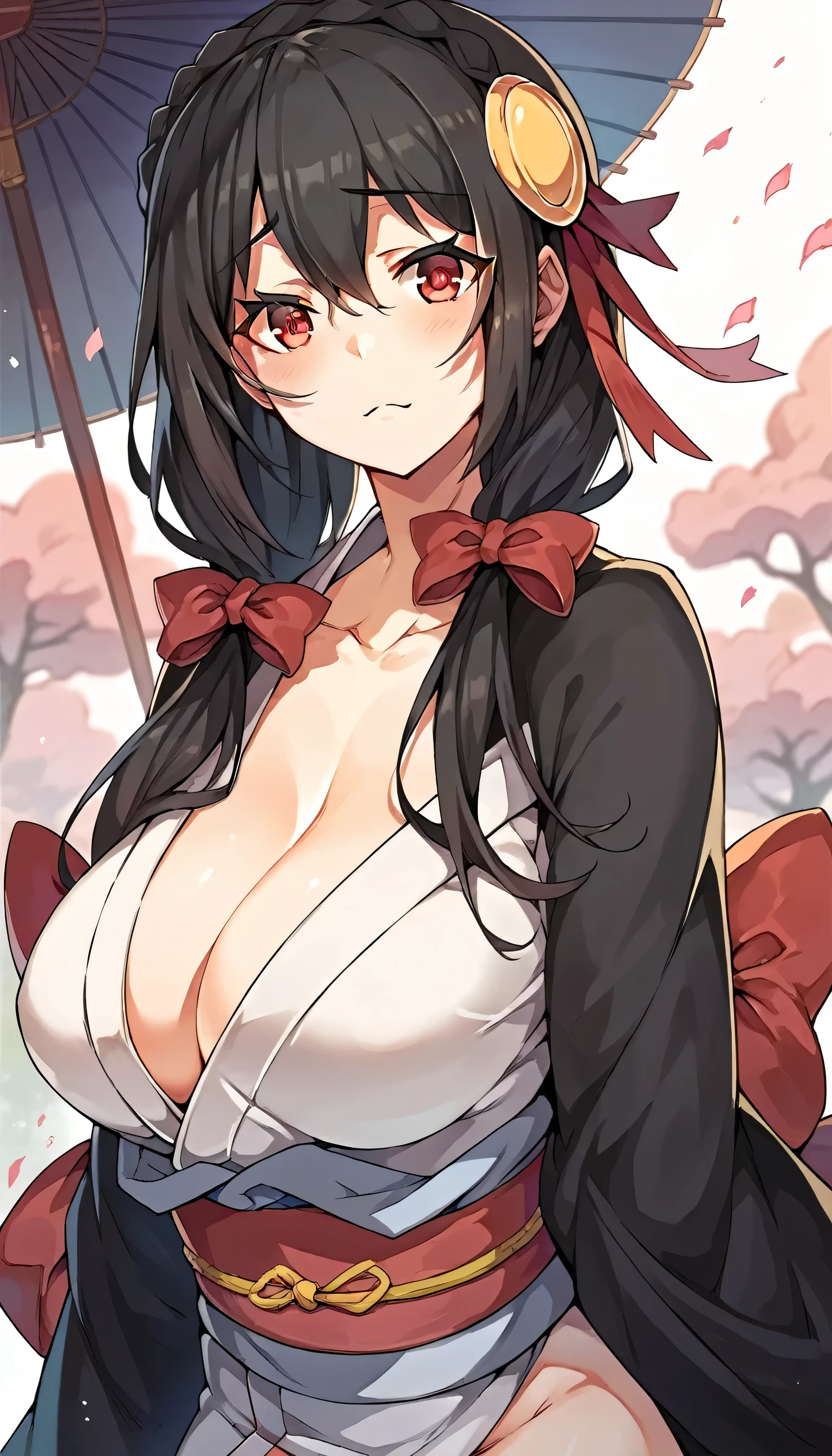 1girl, solo, japanese clothes, sash, kimono, bangs, looking at viewer, obi, gradient,???????, ?????????????, yunyun, black hair, hair ornament, red eyes,hair bow,red bow, crown braid