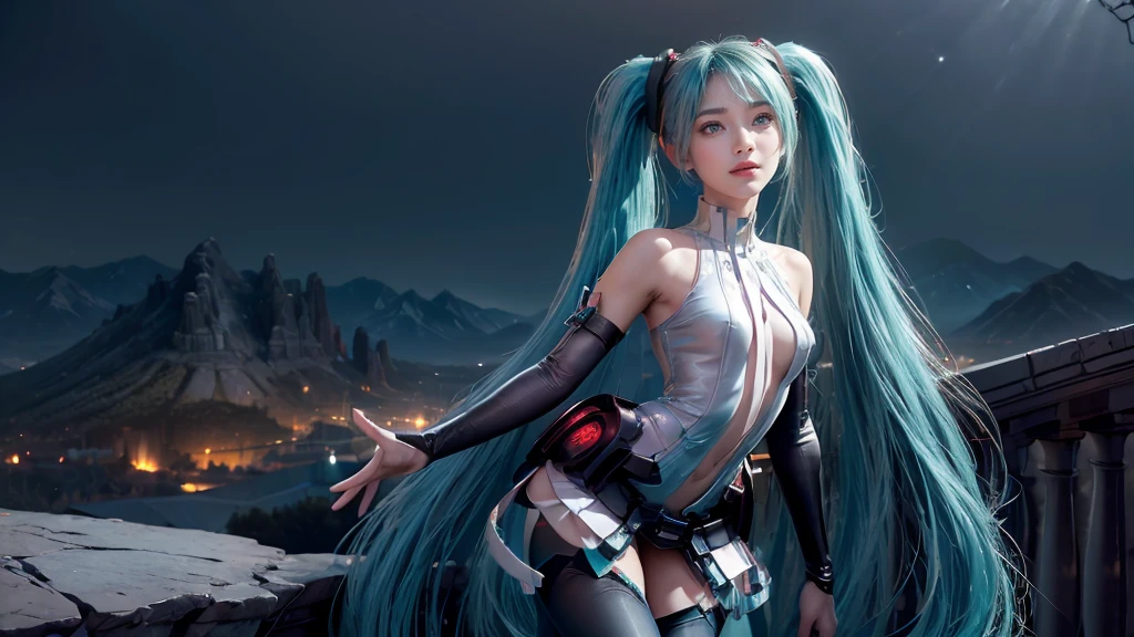 masterpiece,Game Art,Best picture quality,Maximum resolution,8k,(Upper Body,ambush),Unreal Engine 5 rendering works,Ray Tracing,RAW photos,(((Hatsune Miku Character))), (((Tosca Hair Color))), ((Long double ponytail hairstyle)), Enjoy the scenery, Focus on the Horizon, (((Perfect eyes))), (((Smile))), 21-year-old girl, Perfect body, (((Perfect anatomical structure))), Tosca Eye Color, Double eyelids, (((Small breasts))), Very detailed skin texture, (Realistic skin), Ultra-fine face, Delicate lips, (((Delicate eyes))), (((Double eyelids))), necklace, Moist skin, Wet hair, Simple background, (Front focus), (On the peaks:1.6), (((Night Atmosphere))), Deep Dark, Surrealist Portraits of Women by David Hockney and Alphonse Mucha, Fantasy Art, (((Photo-realistic))), ((Dynamic poses)), (((World Model Poses))), Dynamic Lighting, Art Station, poster, Volumetric Lighting, Very detailed faces, 4K, in the darkness, (((Night Atmosphere))), ((Deep Shadows)), Low profile, Cowboy shooting, (((Red long skirt))), Lighting Dress, (((Erotic lace dress))), (((stocking))),((3D Unreal Engine)),OC rendering reflection mode