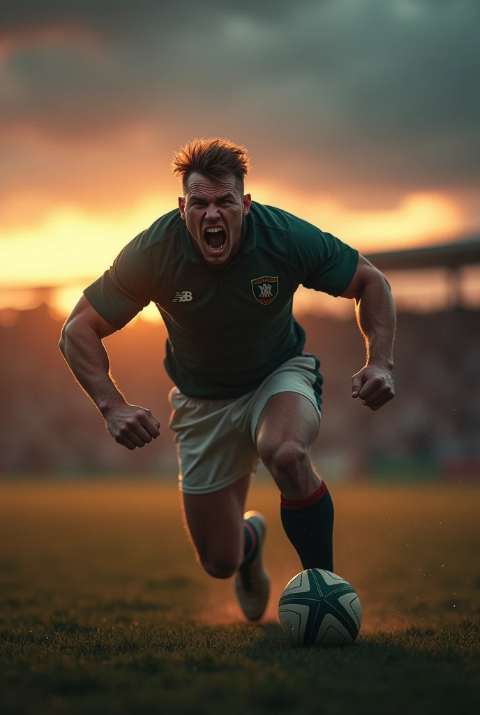(photorealism:1.2), rugby player dusk orange dusk cloudy day screaming face