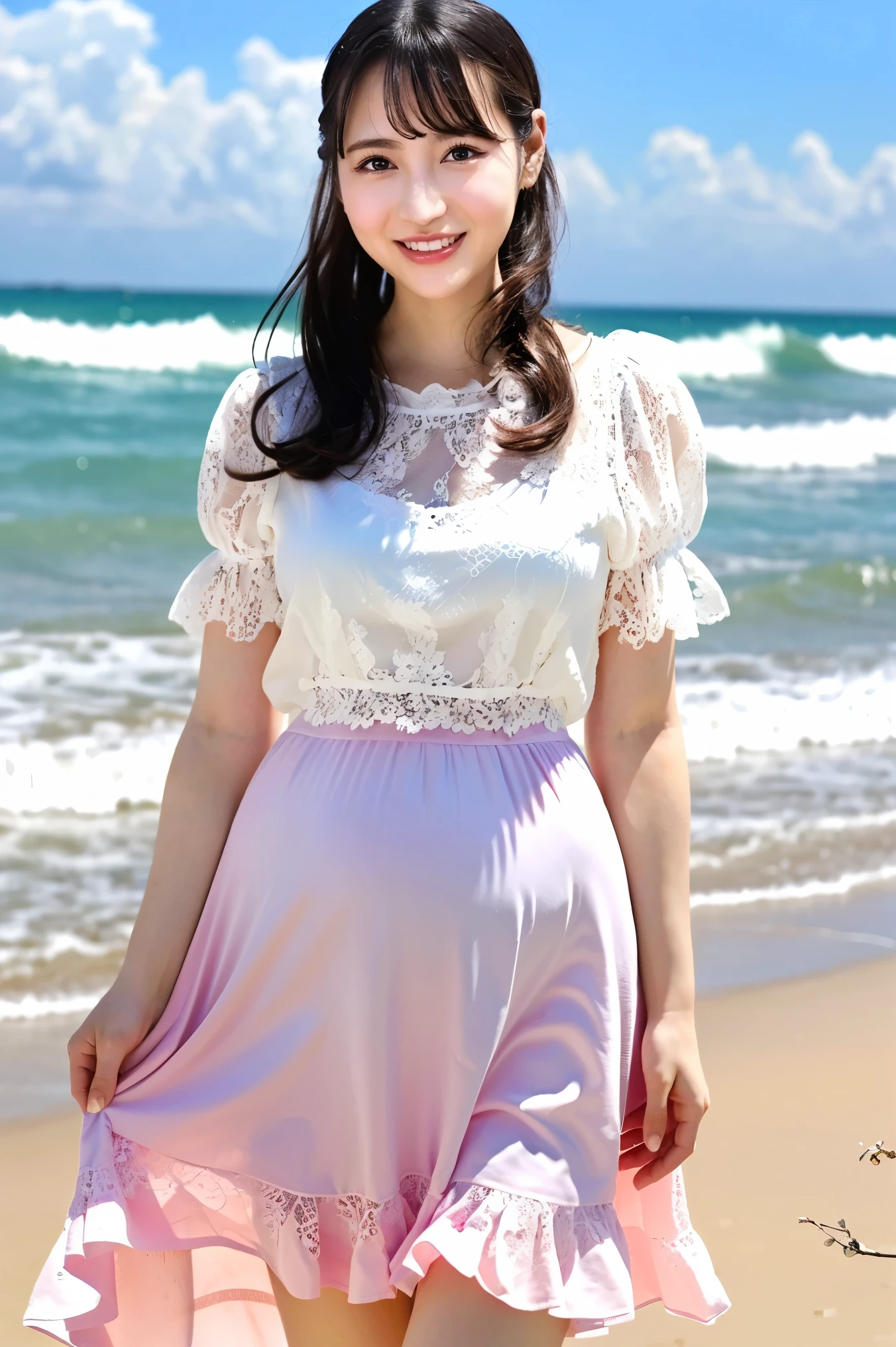 (Highest quality、masterpiece、8k、Best image quality、Hyperrealism、Award-winning works)、1 pregnant woman、(nose:1.2)、(White shirt with elegant lace and frills:1.2)、(Light pink long flare skirt, transparent, Light berry pattern.:1.3)、(The most natural slight pregnancy bump:1.1)、Large Breasts、(Beautiful Hiroshi々とした滑らかな砂浜にStanding Elegantly:1.2)、(Beautiful and mysterious beach background:1.4)、Beautiful surf edge、(Beautiful sunny sky:1.1)、(Beautiful thunderclouds:1.1)、(Standing Elegantly:1.1)、Look at me with your best smile、Accurate anatomy、Perfect Makeup、Long eyelashes、Glossy Lips、Ultra HD glossy skin、(Ultra-high resolution, bright and beautiful skin:1.2)、(very bright and vivid:1.3)、超高精細のGlossy Lips、Ultra-high resolution beautiful teeth、(Very bright and vivid:1.1)