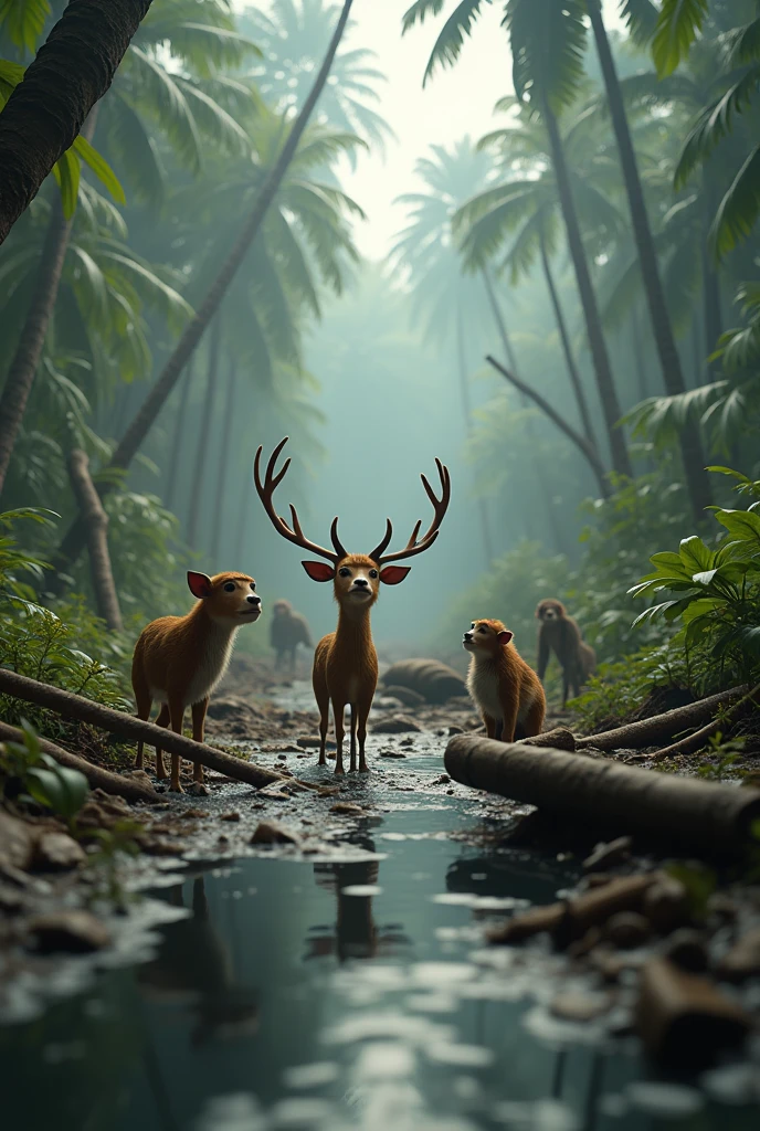 In 3d animation style 'तूफान के बाद जंगल में बिखरे हुए पेड़ और जलभराव के साथ, जानवरों की चिंतित अवस्था।