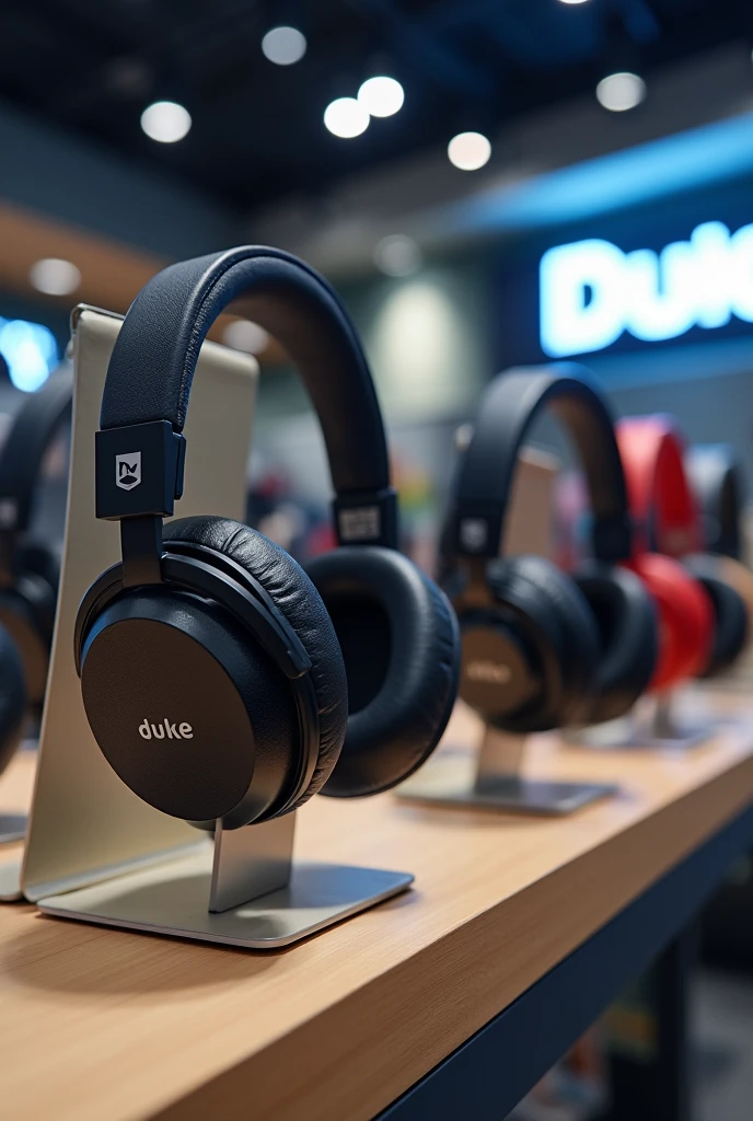 A photo with several wireless headphones in a store, you can see in the background the name of the Duke varieties in Spanish  