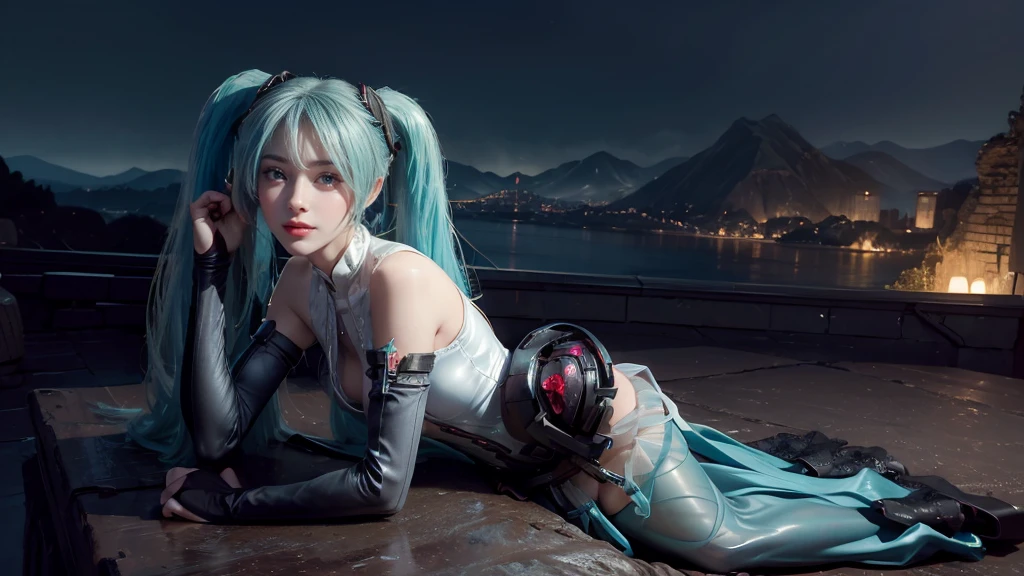 masterpiece,Game Art,Best picture quality,Maximum resolution,8k,(Upper Body,ambush),Unreal Engine 5 rendering works,Ray Tracing,RAW photos,(((Hatsune Miku Character))), (((Tosca Hair Color))), ((Long double ponytail hairstyle)), Enjoy the scenery, Focus on the Horizon, (((Perfect eyes))), (((Smile))), 21-year-old girl, Perfect body, (((Perfect anatomical structure))), Tosca Eye Color, Double eyelids, (((Small breasts))), Very detailed skin texture, (Realistic skin), Ultra-fine face, Delicate lips, (((Delicate eyes))), (((Double eyelids))), necklace, Moist skin, Wet hair, Simple background, (Front focus), (On the peaks:1.6), (((Night Atmosphere))), Deep Dark, Surrealist Portraits of Women by David Hockney and Alphonse Mucha, Fantasy Art, (((Photo-realistic))), ((Dynamic poses)), (((World Model Poses))), Dynamic Lighting, Art Station, poster, Volumetric Lighting, Very detailed faces, 4K, in the darkness, (((Night Atmosphere))), ((Deep Shadows)), Low profile, Cowboy shooting, (((Red long skirt))), Lighting Dress, (((Erotic lace dress))), (((stocking))),((3D Unreal Engine)),OC rendering reflection mode