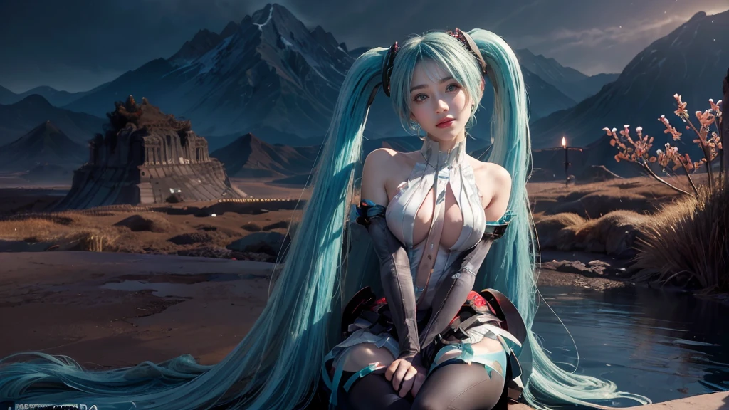 masterpiece,Game Art,Best picture quality,Maximum resolution,8k,(Upper Body,ambush),Unreal Engine 5 rendering works,Ray Tracing,RAW photos,(((Hatsune Miku Character))), (((Tosca Hair Color))), ((Long double ponytail hairstyle)), Enjoy the scenery, Focus on the Horizon, (((Perfect eyes))), (((Smile))), 21-year-old girl, Perfect body, (((Perfect anatomical structure))), Tosca Eye Color, Double eyelids, (((Small breasts))), Very detailed skin texture, (Realistic skin), Ultra-fine face, Delicate lips, (((Delicate eyes))), (((Double eyelids))), necklace, Moist skin, Wet hair, Simple background, (Front focus), (On the peaks:1.6), (((Night Atmosphere))), Deep Dark, Surrealist Portraits of Women by David Hockney and Alphonse Mucha, Fantasy Art, (((Photo-realistic))), ((Dynamic poses)), (((World Model Poses))), Dynamic Lighting, Art Station, poster, Volumetric Lighting, Very detailed faces, 4K, in the darkness, (((Night Atmosphere))), ((Deep Shadows)), Low profile, Cowboy shooting, (((Red long skirt))), Lighting Dress, (((Erotic lace dress))), (((stocking))),((3D Unreal Engine)),OC rendering reflection mode