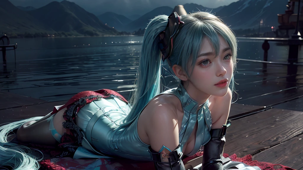 masterpiece,Game Art,Best picture quality,Maximum resolution,8k,(Upper Body,ambush),Unreal Engine 5 rendering works,Ray Tracing,RAW photos,(((Hatsune Miku Character))), (((Tosca Hair Color))), ((Long double ponytail hairstyle)), Enjoy the scenery, Focus on the Horizon, (((Perfect eyes))), (((Smile))), 21-year-old girl, Perfect body, (((Perfect anatomical structure))), Tosca Eye Color, Double eyelids, (((Small breasts))), Very detailed skin texture, (Realistic skin), Ultra-fine face, Delicate lips, (((Delicate eyes))), (((Double eyelids))), necklace, Moist skin, Wet hair, Simple background, (Front focus), (On the peaks:1.6), (((Night Atmosphere))), Deep Dark, Surrealist Portraits of Women by David Hockney and Alphonse Mucha, Fantasy Art, (((Photo-realistic))), ((Dynamic poses)), (((World Model Poses))), Dynamic Lighting, Art Station, poster, Volumetric Lighting, Very detailed faces, 4K, in the darkness, (((Night Atmosphere))), ((Deep Shadows)), Low profile, Cowboy shooting, (((Red long skirt))), Lighting Dress, (((Erotic lace dress))), (((stocking))),((3D Unreal Engine)),OC rendering reflection mode