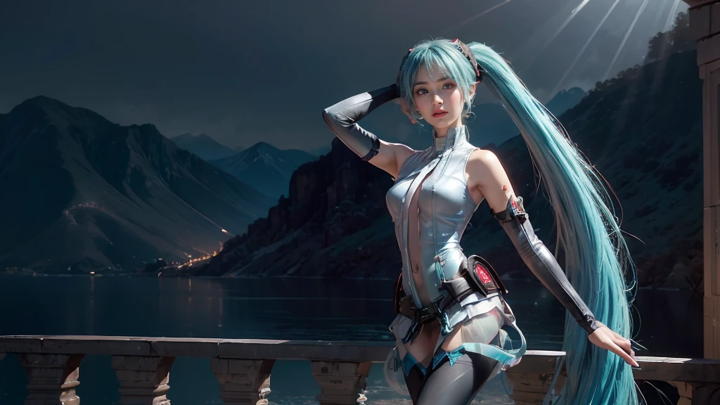 masterpiece,Game Art,Best picture quality,Maximum resolution,8k,(Upper Body,ambush),Unreal Engine 5 rendering works,Ray Tracing,RAW photos,(((Hatsune Miku Character))), (((Tosca Hair Color))), ((Long double ponytail hairstyle)), Enjoy the scenery, Focus on the Horizon, (((Perfect eyes))), (((Smile))), 21-year-old girl, Perfect body, (((Perfect anatomical structure))), Tosca Eye Color, Double eyelids, (((Small breasts))), Very detailed skin texture, (Realistic skin), Ultra-fine face, Delicate lips, (((Delicate eyes))), (((Double eyelids))), necklace, Moist skin, Wet hair, Simple background, (Front focus), (On the peaks:1.6), (((Night Atmosphere))), Deep Dark, Surrealist Portraits of Women by David Hockney and Alphonse Mucha, Fantasy Art, (((Photo-realistic))), ((Dynamic poses)), (((World Model Poses))), Dynamic Lighting, Art Station, poster, Volumetric Lighting, Very detailed faces, 4K, in the darkness, (((Night Atmosphere))), ((Deep Shadows)), Low profile, Cowboy shooting, (((Red long skirt))), Lighting Dress, (((Erotic lace dress))), (((stocking))),((3D Unreal Engine)),OC rendering reflection mode