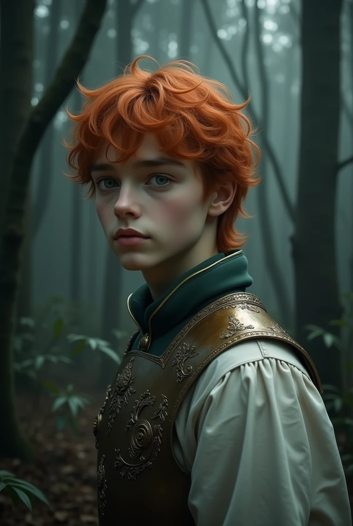 young man, eighteen years old. porcelain skin, angelic face. big, shiny eyes, gray like clouds. orange and wavy hair. oval face. straight, small nose. thick lips. defined eyebrows. looking to the side. He wears silk cloth, bronze armor. big cheeks He is in a dark forest.