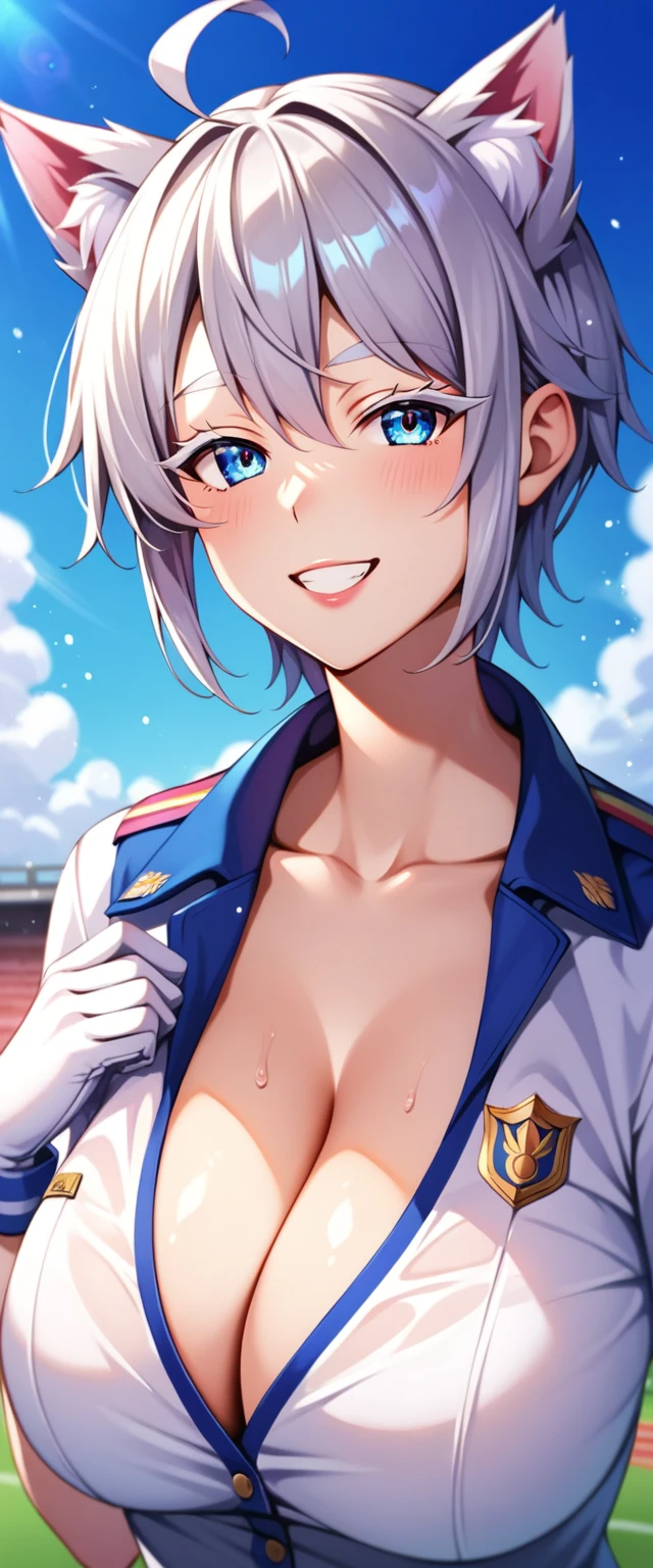 Highest quality,masterpiece,unity 8k wallpaper,Very detailed,Detailed light, Best Shadow,Very detailedな肌,Beautiful attention to detail,Very detailedな顔,Detailed reflective eyes,Shiny Hair,Shining Eyes,(1 girl:1.2),woman,Gloss,thin,White gloves,Silver Hair,(Wolf Cut Hair:1.2),Blue eyes,clavicle,Cleavage,Big Breasts,Charm,White chemo ears,White Tail,Ahoge,Silver Hair,(White eyelashes:1.2),White eyebrows,fingersmile,track and field uniform,(whole body:1.2),