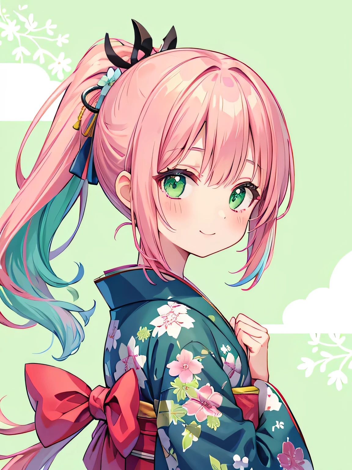 Deformation、kimono、Background Green、、、Pink Hair、ponytail、smile