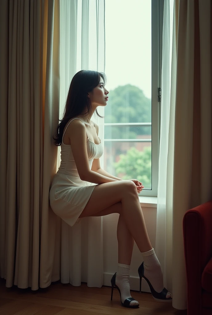 （8k，Movie，16mm wide-angle lens，Aperture 8，Multi-angle shooting，Rich in details ）Chinese，Asian，Cool colors，miniskirt，High heel，exposed，sexy socks，Expose，Expose内衣，A large hotel room，Sit on the stairs，Terrace，Flirty，Romantic，Sexy woman，Looking out the window，Troubled woman，30 years old