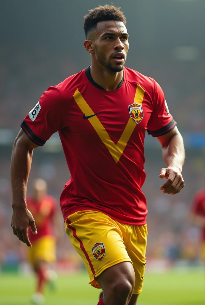 footballer in red and yelow tshirt with v logo