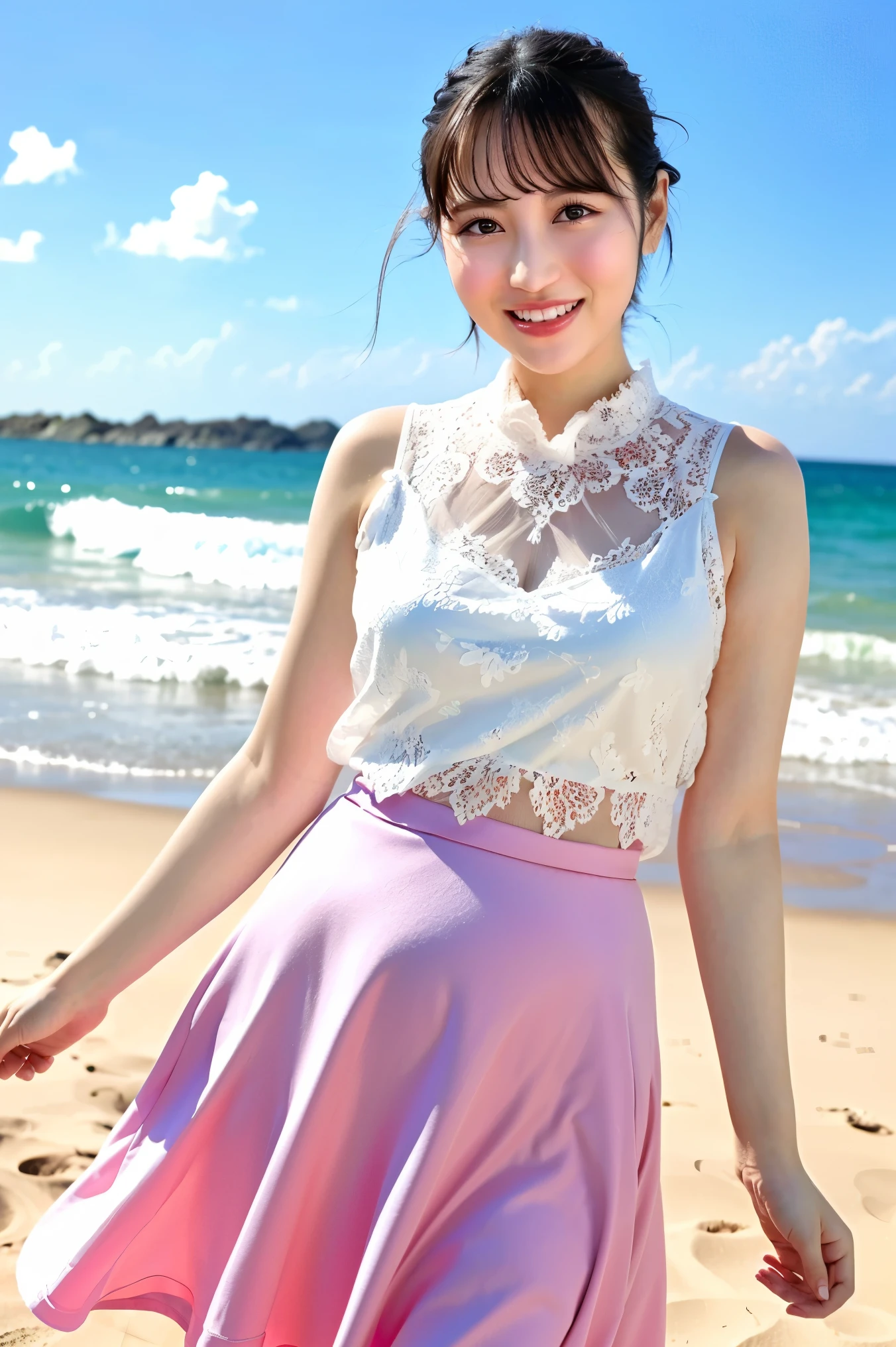 (Highest quality、masterpiece、8k、Best image quality、Hyperrealism、Award-winning works)、1 pregnant woman、(nose:1.2)、(White shirt with elegant lace and frills:1.2)、(Light pink long flare skirt, transparent, Light berry pattern.:1.3)、(The most natural slight pregnancy bump:1.1)、Large Breasts、(Beautiful Hiroshi々とした滑らかな砂浜にStanding Elegantly:1.2)、(Beautiful and mysterious beach background:1.4)、Beautiful surf edge、(Beautiful sunny sky:1.1)、(Beautiful thunderclouds:1.1)、(Standing Elegantly:1.1)、Look at me with your best smile、Accurate anatomy、Perfect Makeup、Long eyelashes、Glossy Lips、Ultra HD glossy skin、(Ultra-high resolution, bright and beautiful skin:1.2)、(very bright and vivid:1.3)、超高精細のGlossy Lips、Ultra-high resolution beautiful teeth、(Very bright and vivid:1.1)