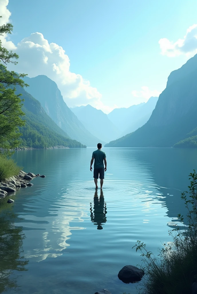 A VERY BEAUTIFUL LAKE WITH A MAN ENTERING IT , BUT THE WATERS ARE NOT AT THE KNEE
