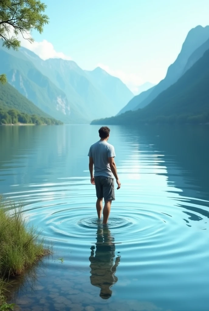 A VERY BEAUTIFUL LAKE WITH A MAN ENTERING IT , BUT THE WATERS ARE NOT AT THE KNEE