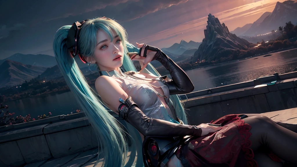 masterpiece,Game Art,Best picture quality,Maximum resolution,8k,(Upper Body,ambush),Unreal Engine 5 rendering works,Ray Tracing,RAW photos,(((Hatsune Miku Character))), (((Tosca Hair Color))), ((Long double ponytail hairstyle)), Enjoy the scenery, Focus on the Horizon, (((Perfect eyes))), (((Smile))), 21-year-old girl, Perfect body, (((Perfect anatomical structure))), Tosca Eye Color, Double eyelids, (((Small breasts))), Very detailed skin texture, (Realistic skin), Ultra-fine face, Delicate lips, (((Delicate eyes))), (((Double eyelids))), necklace, Moist skin, Wet hair, Simple background, (Front focus), (On the peaks:1.6), (((Night Atmosphere))), Deep Dark, Surrealist Portraits of Women by David Hockney and Alphonse Mucha, Fantasy Art, (((Photo-realistic))), ((Dynamic poses)), (((World Model Poses))), Dynamic Lighting, Art Station, poster, Volumetric Lighting, Very detailed faces, 4K, in the darkness, (((Night Atmosphere))), ((Deep Shadows)), Low profile, Cowboy shooting, (((Red long skirt))), Lighting Dress, (((Erotic lace dress))), (((stocking))),((3D Unreal Engine)),OC rendering reflection mode