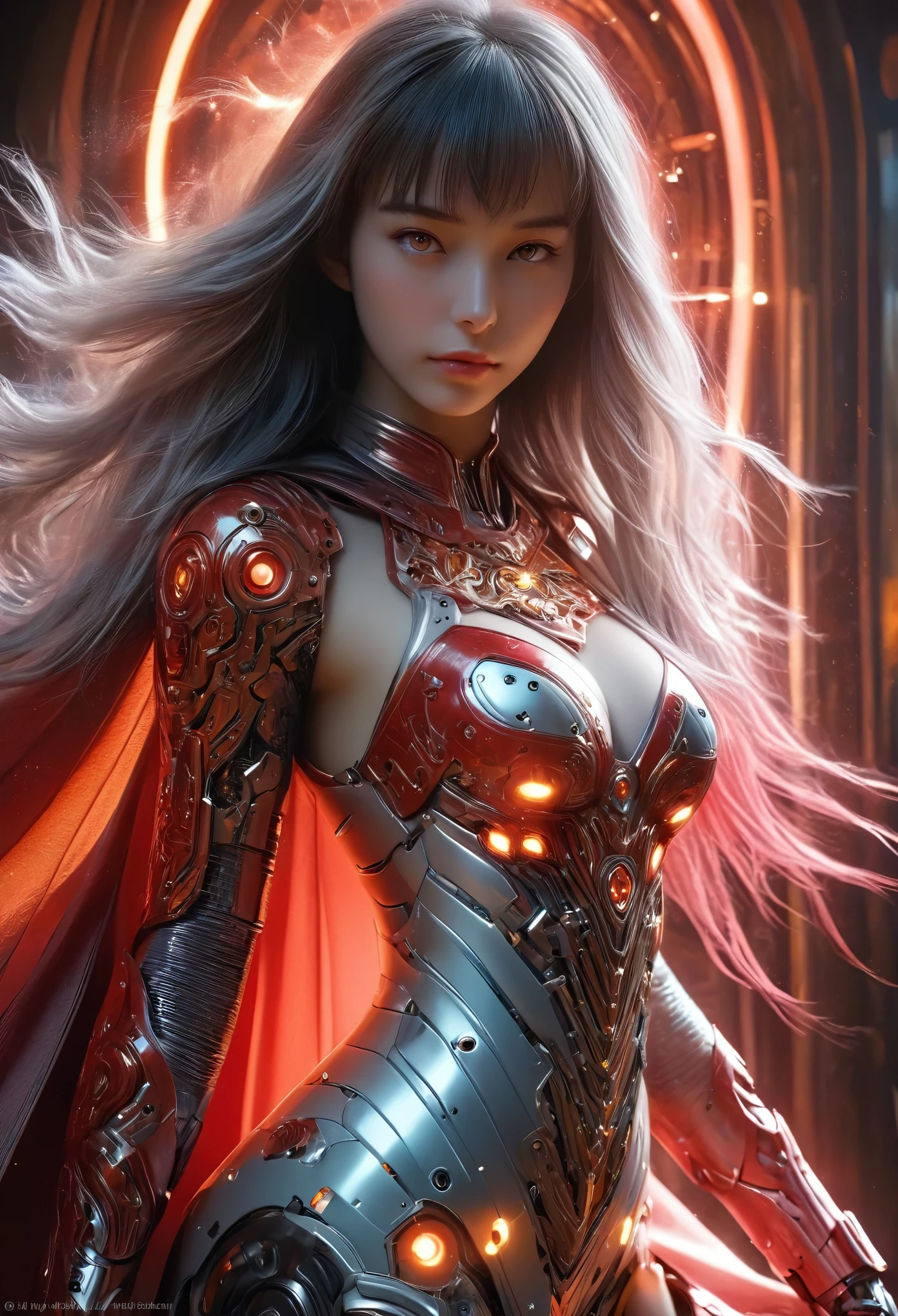 (Best Quality, 4K, 8K, High Resolution, Masterpiece: 1.2), (Super Detailed, Realistic, Photorealistic:1.37), A woman in futuristic clothing, Trending on cgstation, Trending on cgstation, (Portrait of a girl in the Knights of the Zodiac:1.4), blunt bangs, Cute Cyborg Girl, Perfect android girl, Portrait Astronaut Girl, Beautiful girl cyborg, (Girl wearing red and pink and orange mechanical cyber armor:1.3), Game CG, cgsociety and fenghua zhong, Beautiful Cyborg Shrine Maiden, Bioluminescence, (Yua Yaiba:0.5), (Golden eyes:1.5), Anatomically correct grip, (Sharp and long claws:1.4), erotic and sexy, black, wearing A gorgeous cape with beautifully detailed embroidery, (beautiful tits, beautiful breasts, beautiful nipples:1.5), (NSFW:1.5)