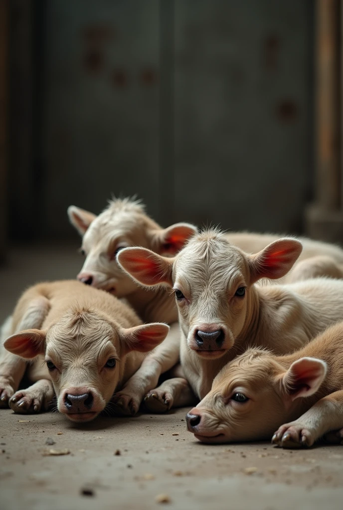Four sick calf pic sitting on floor full pic