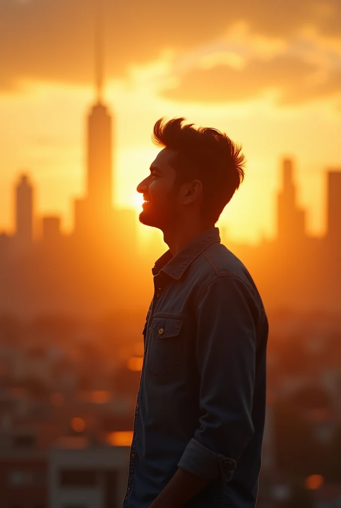 A final shot of Ravi smiling, looking into the distance with a backdrop of the city skyline at sunset, symbolizing a bright future ahead. The video can end with a motivational quote over this image.