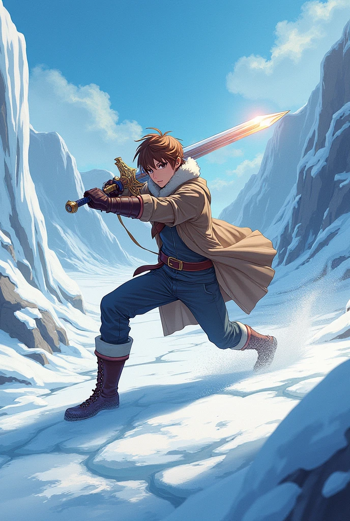 Anime, suin, Rudolph, male, winter, Icy road, Brown hair, Two-handed sword