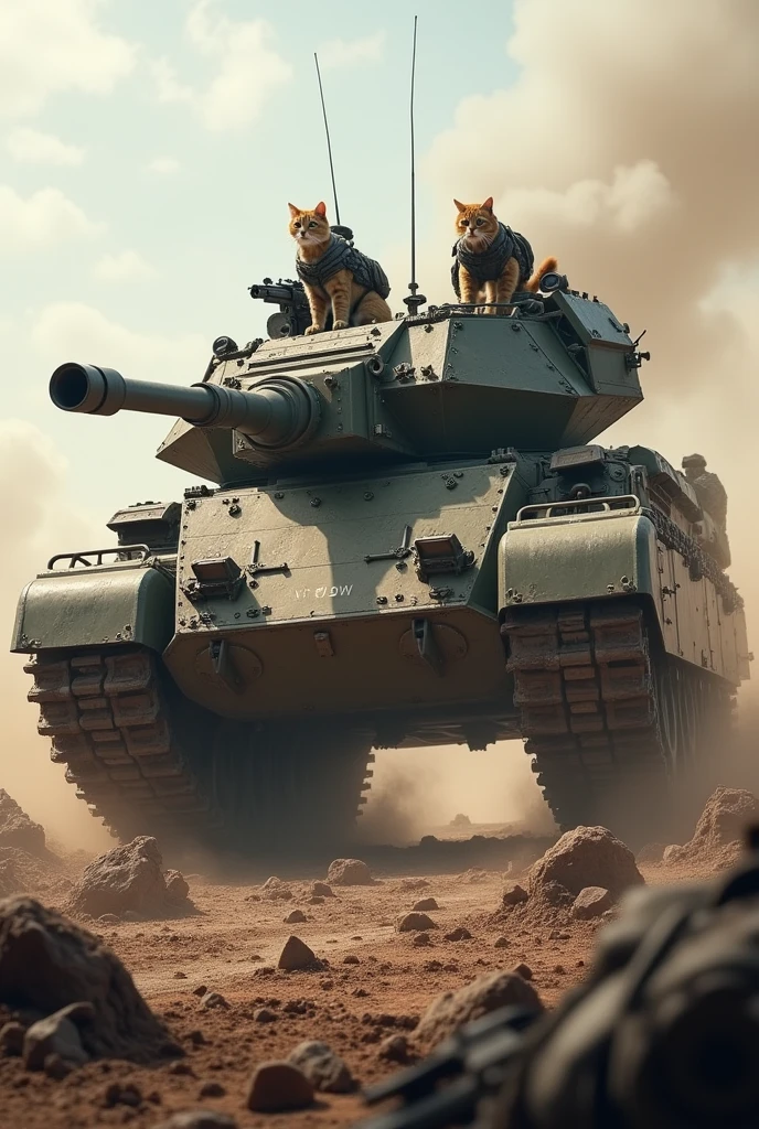 Make a giant tank with several cat soldiers on a battlefield with many defeated enemies, no tank will be written "WM4" very visible on the front