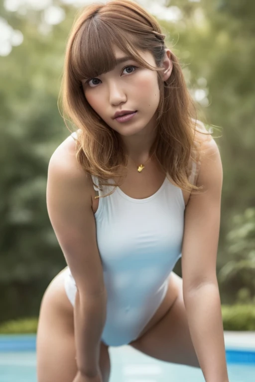 1girl, beautiful woman, white one-piece swimsuit, skinny, perfect body, defined abs, gold hair, standing in rainy night pool room, wet body glistening, ultra-detailed face, beautiful eyes, beautiful lips, double eyelids, shy smile, trimmed bangs, sun-kissed skin, hint of pubic hair, (best quality, 8k, masterpiece:1.3), frontal and full-body shot, pussy line, front facing, open legs