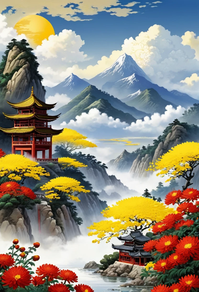 National tide wind, (Big Red Sun :1), Mountains, Clouds :1, Mountains, rivers, Flowers, Hills, Peaks, Mountains, Pavilions, Ancient buildings, Auspicious clouds, Mountains, Yellow chrysanthemum