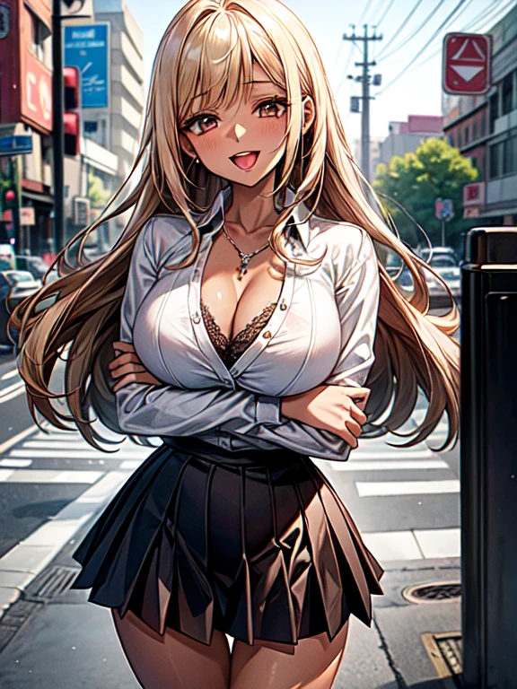 (masterpiece、Highest quality、Very detailed))、One girl、gyaru、((Brown skin:1.3))、Blonde、Long Hair、blunt bangs、Wavy Hair、Grey Eyes、evil smile、((open mouth))、((tongue out))、((lots of piercing))、medium Breasts、((open white collar shirt))、necklace、(rose pattern red satin bra)、((Black pleated skirt))、((micro mini skirt))、Thick thighs、
NSFW, clasping the breasts with both arms to emphasize cleavage,
A huge intersection, a huge building visible in the distance, a glass building, electronic bulletin boards, traffic lights, street trees, lots of people, a blurred distant view, Cowboy Shot