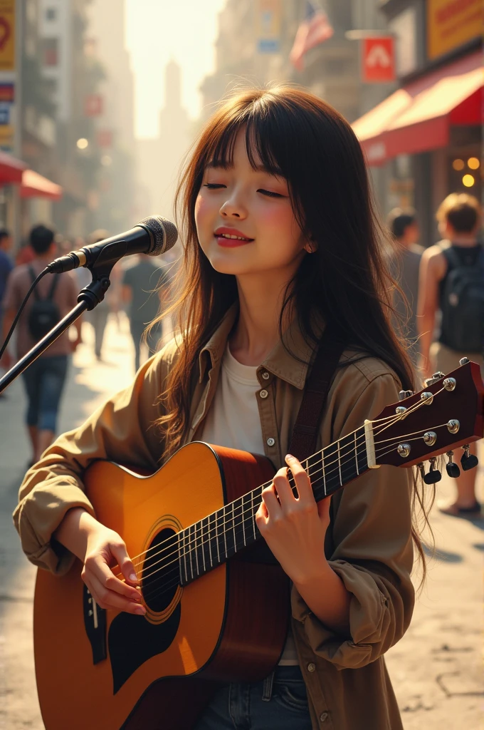 Very cute girl singing and playing guitar on the street、high resolution、masterpiece、Artwork、Fan art