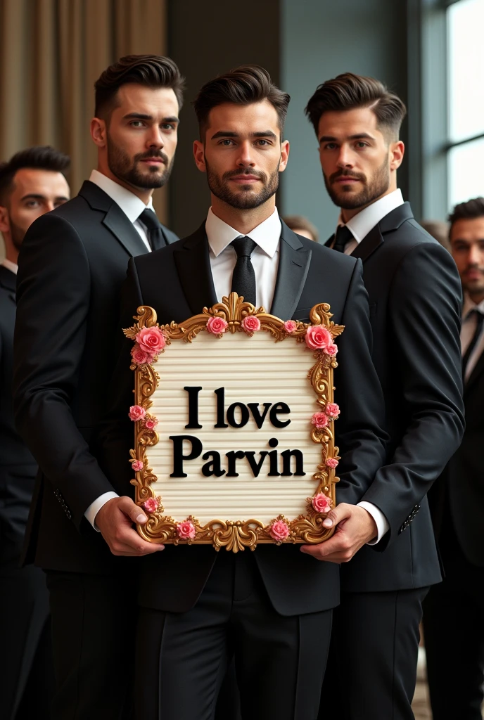 Beautiful men , formula dress, holding a 3d borad with text "I Love parvin" and showing it to the viewer