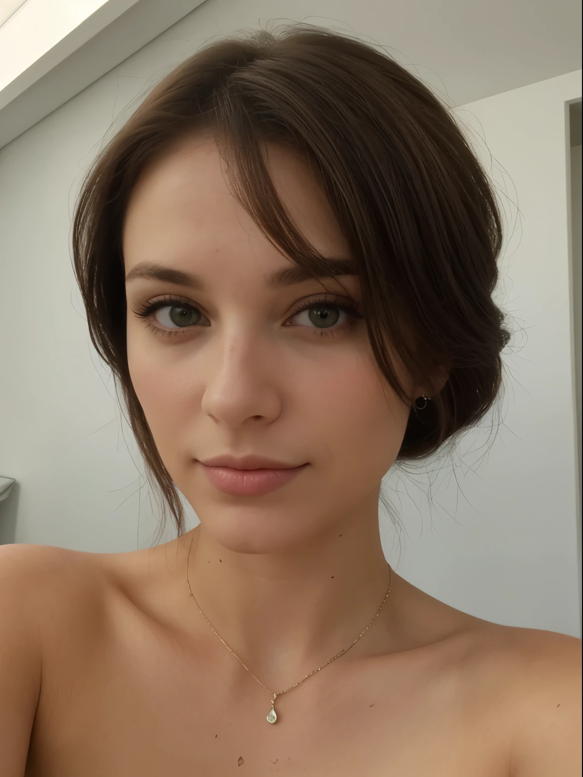 brunette 29 ans femme selfie, peaux marron clair,  cicatrise joue gauche, yeux vert