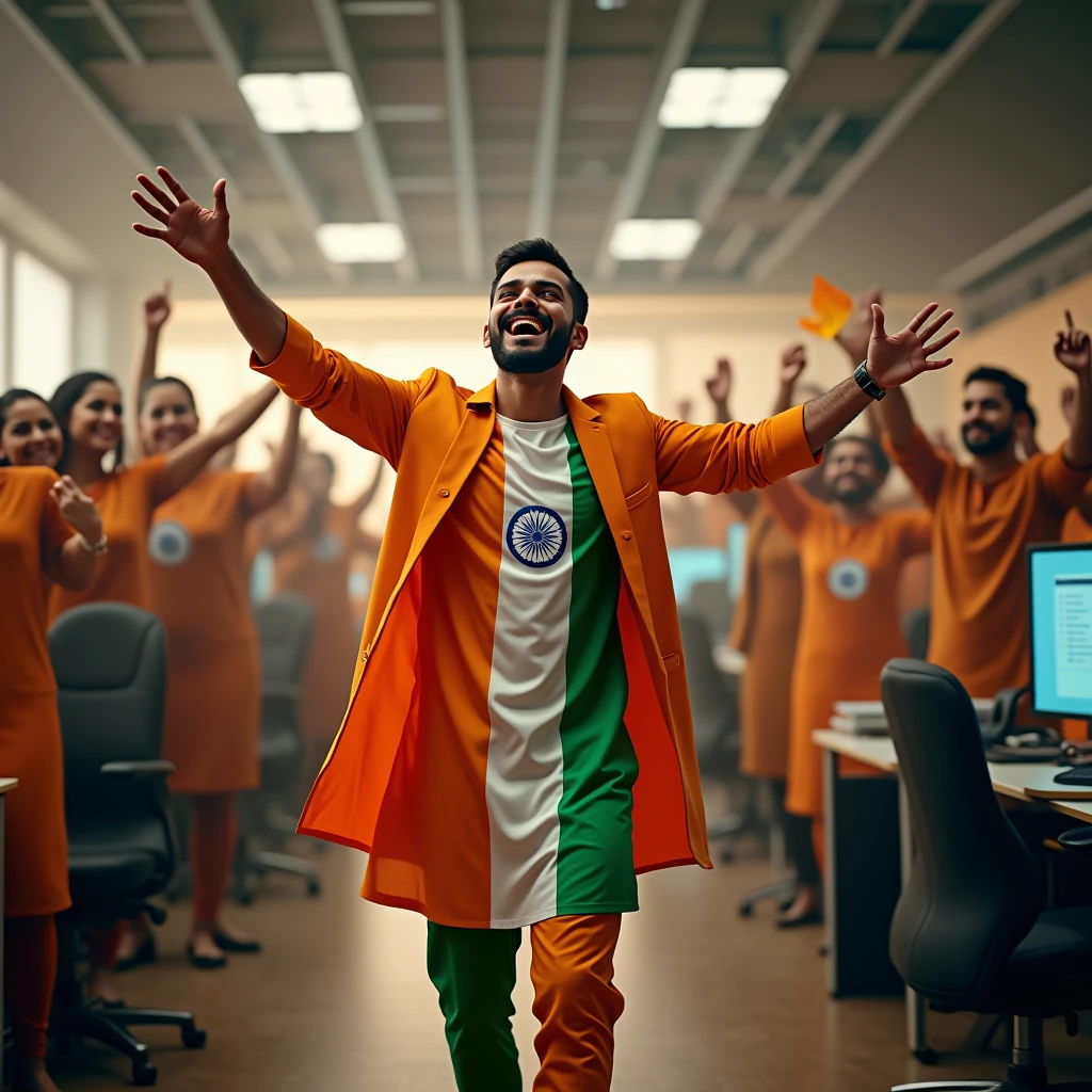 An Indian freelance digital marketer, age 30, very handsome clean shave, celebrating India's Independence day with his freelancers team, wearing an Indian flag kurta pajama, a well done digital marketing agency office interior background, perfect composition, hyperrealistic, super detailed, 8k, high quality, trending art, trending on artstation, sharp focus, studio photo, intricate details, highly detailed