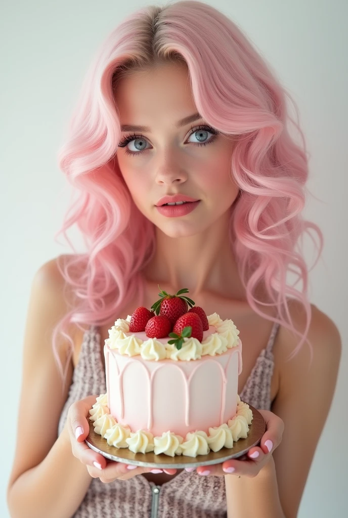 Pastel pink wavy long hair. blue purple eyes. holding a cake with strawberries. summer. Flappers. birthday. present. background simple white. 