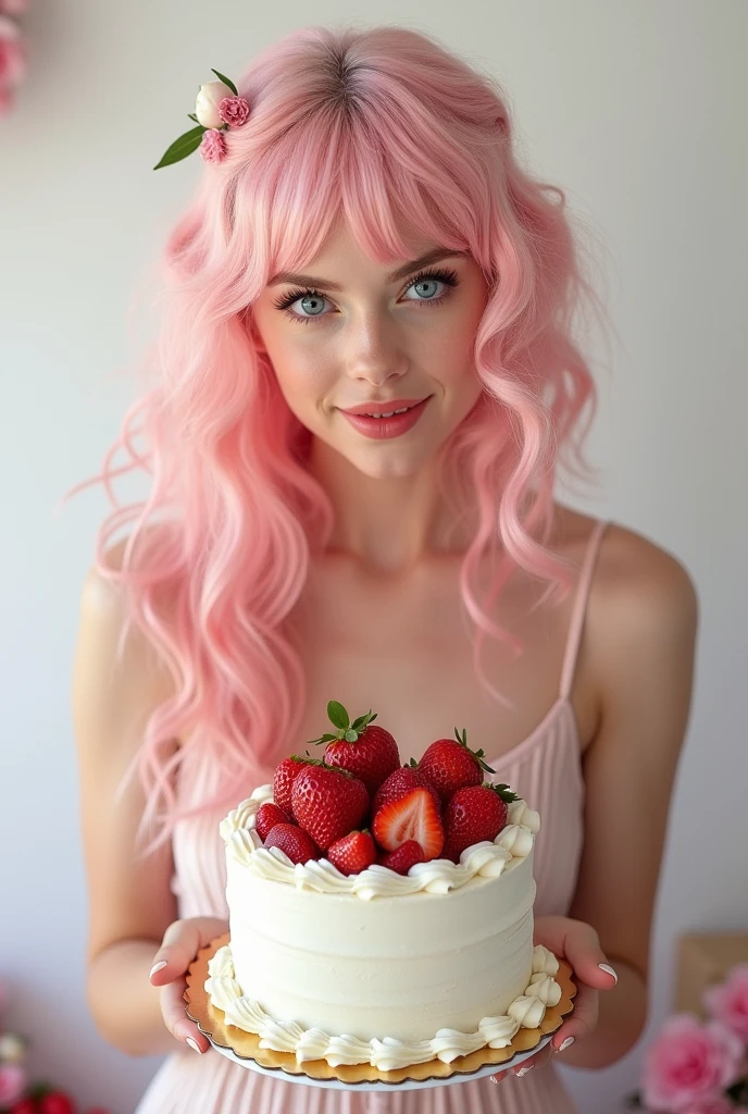 Pastel pink wavy long hair. blue purple eyes. holding a cake with strawberries. summer. Flappers. birthday. present. background simple white.