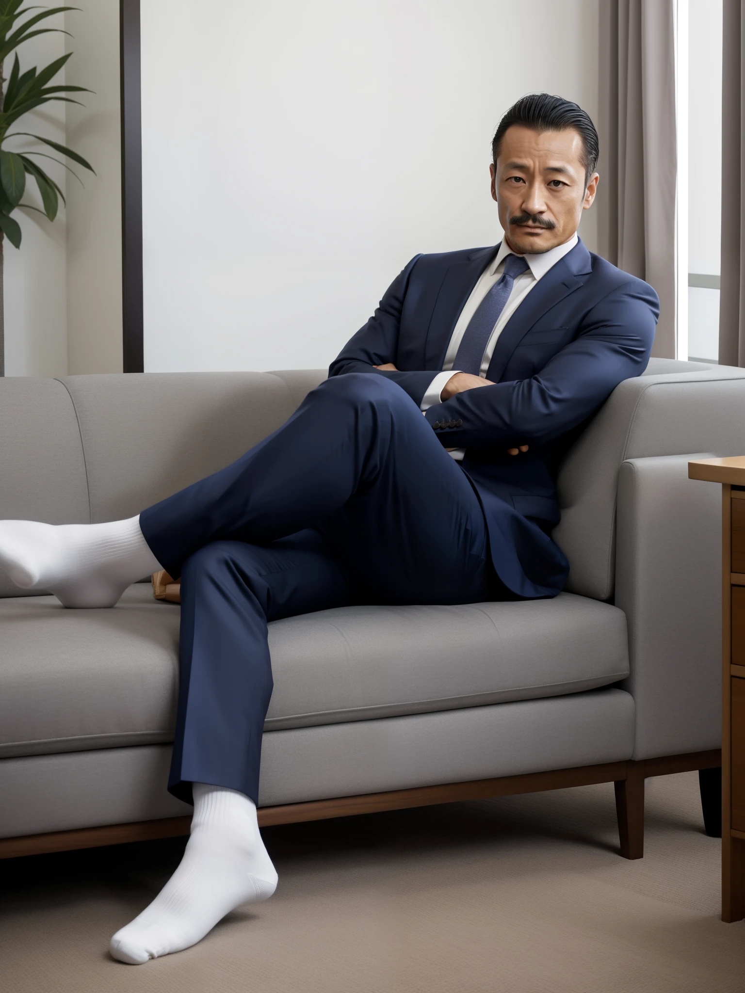 40 years old,Hidetoshi Nakata,(Kogoro Mori 1.3),whole body,Lean,muscle,office,grey socks,Suit,Feet raised,sofa,Baldhead ,transparent,Thick body hair,underwear,Topless,Densely hairy,Fortitude,HD,With a mustache