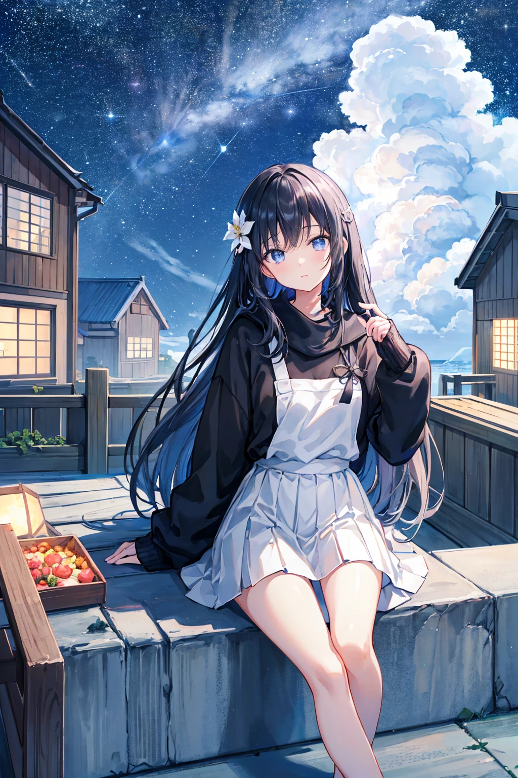 Sitting on the roof、，１６talent，Black Hair，Shortcuts，Summer Sweater，Check tight skirt，Pointing to the sky、There is a cat、Starry Sky、Night Sky、dark、Astronomical Observation、sea breeze、A whale swimming in the sky、White flower，，((Highest quality)), (Very detailed), (High-definition CG synthesis 8k wallpaper), 高いly detailed,  高い-definition raw colbor photos, Professional photography,  Written boundary depth,