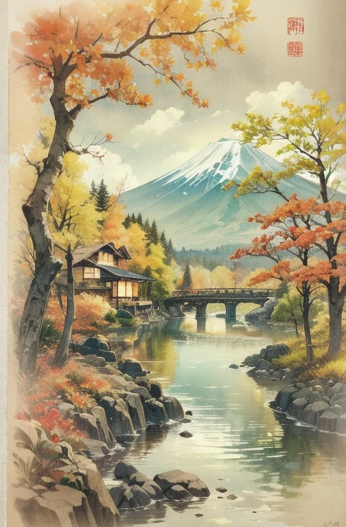 (Autumn atmosphere) In the distance you can see the beautiful and majestic Mt. Fuji can be seen from various places such as the lake, in the city, and on the Shinkansen bullet train, but it is picturesque and beautiful no matter where you look.(Ink on Japanese paper, which tends to bleed easily)(contemporary art like a picture book) (transparent watercolor) (light itself expressed as real) (layers of soft, rich colors) (shades of paint dissolved thinly with water) (deep, delicate colors)