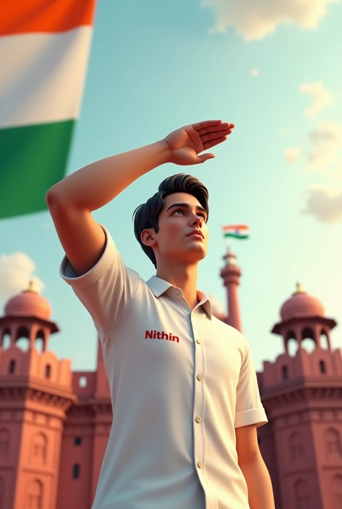 Create a 3D image of 22 years old boy is wearing White color shirt and saluting to indian flag and behind him red fort placed a hoisting flag on that, written Happy Independence Day 2024" on the sky and "Nithin" is written on his shirt with bold letters and also in overall image has the divine background like indian republic day. Everyone is celebrating.