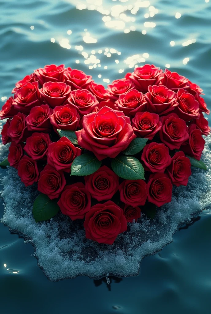 Make a bookey of 1000 red roses in heart shape which is  floating on a sea and there should be sea foams all over the sea and around the heart shape too. And put a big red rose with some green leafs inside the middle lower corner of the heart shape 