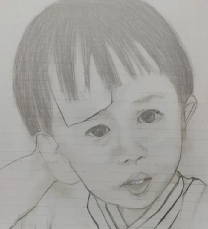 Realistic color photography style、Smiling emphasizes nasolabial folds. Make the chin a little thinner and accentuate the nasolabial folds.、I want it to look more like a color photograph...........。3 year old boy, Xu々To、Clearly visible、Emphasizes deep nasolabial folds from nose to mouth、Generate left and right dimples、Show me your beautiful smile.。Make your eyes look cute with double eyelids.more more more、Generate a color photo。Please make it live-action。Propping my cheek with my right hand、Lost in thought。