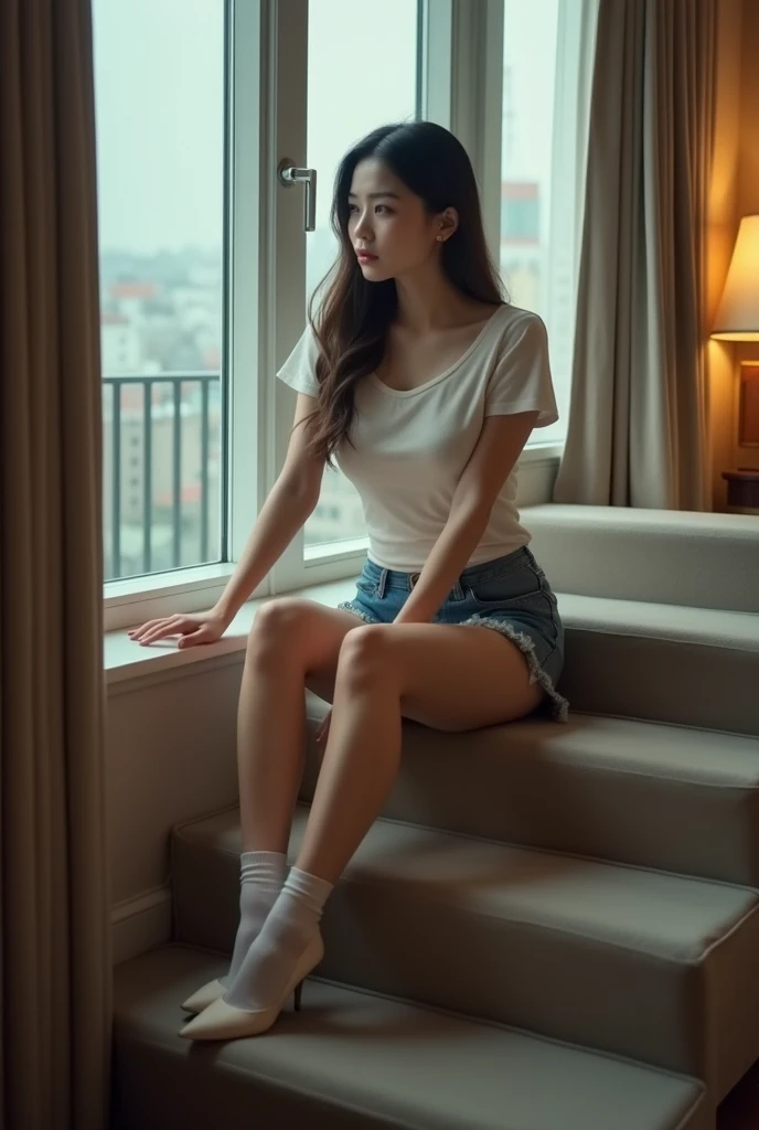 (8k,Movie,16mm wide-angle lens,Aperture 8,Multi-angle shooting,Rich in details )Chinese,Asian,Cool colors,miniskirt,High heel,exposed,sexy socks,Expose,Expose内衣,A large hotel room,Sit on the stairs,Terrace,Flirty,Romantic,Sexy woman,Looking out the window,Troubled woman,30 years old