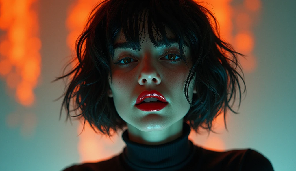 ultra-detailed, realistic, wallpaper, woman head, bob cut, sexual tension, red lips, sexy despair, sweat, messy, loosing control, turtleneck, artwork, conceptual artwork, void, abstract, orange blue,